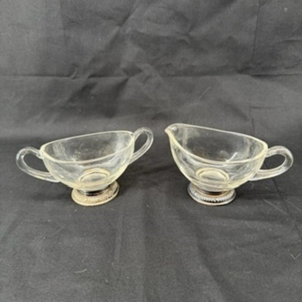 Vintage Glass Creamer and Sugar Bowl Set with Weighted Sterling Silver Bases